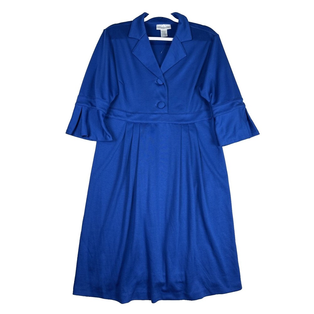 Chadwick’s Lapis Blue Dress Notched Collar 3/4 Sleeve Pleated Skirt Women's 16